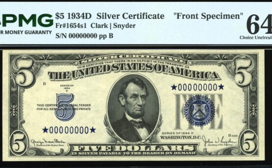 1934D $5 S.C ★00000000★ 64EPQ