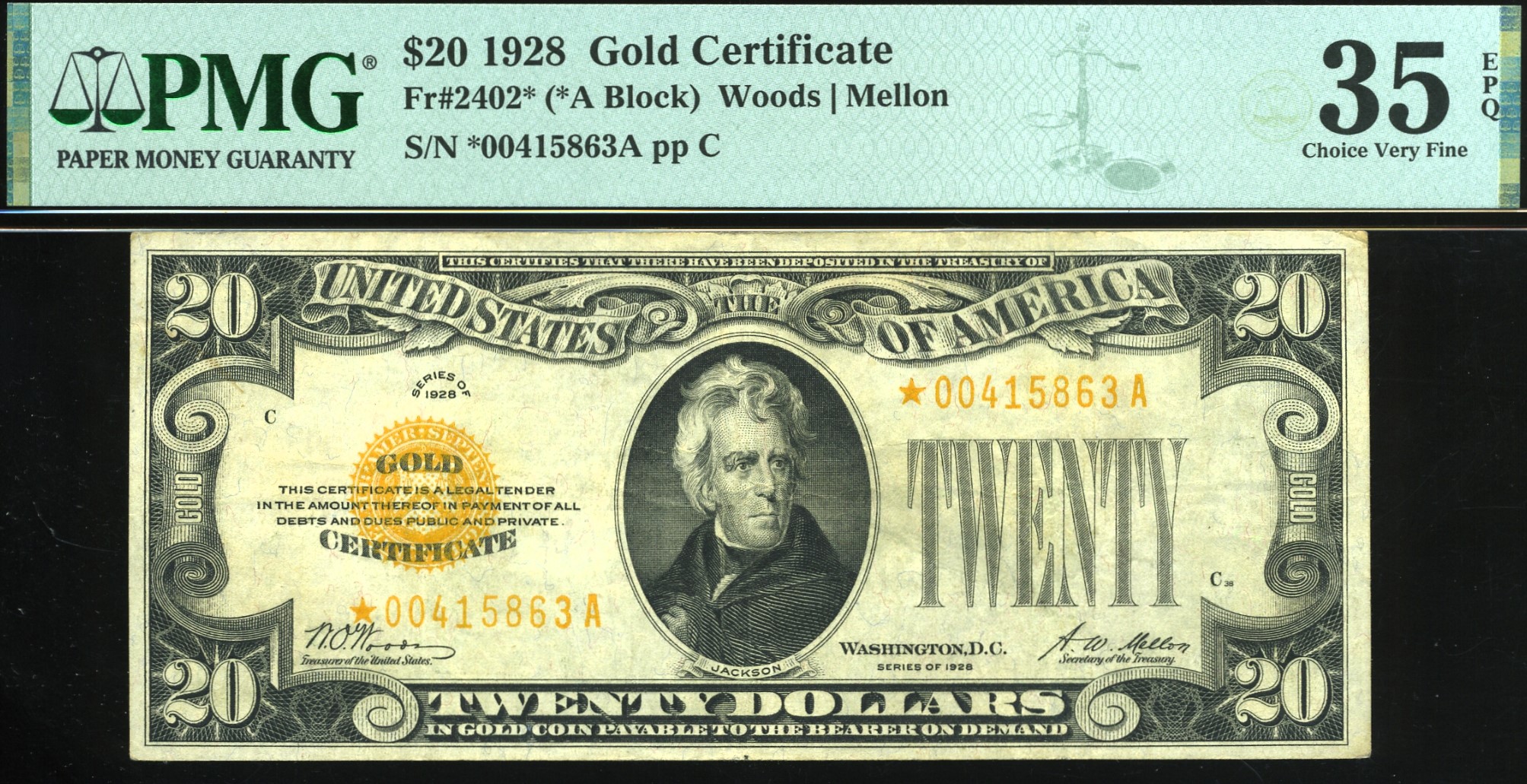 1928 $20 GOLD CERT ★ 35Q