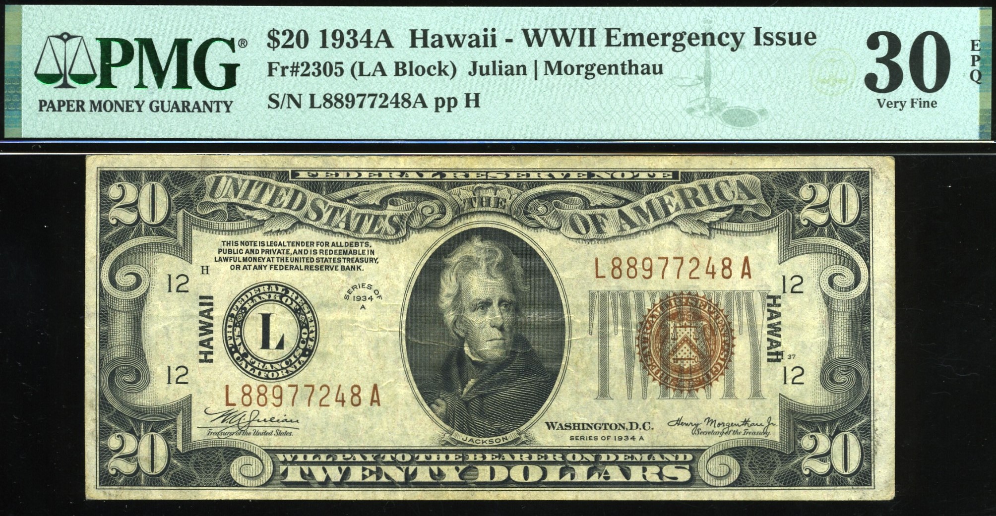 1934A $20 HAWAII L88977248A 30Q