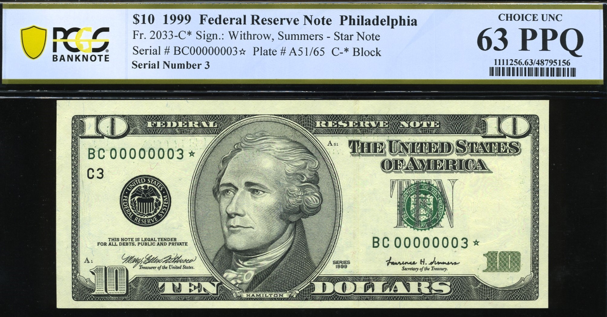 1999 $10 FRN BC00000003* 63Q