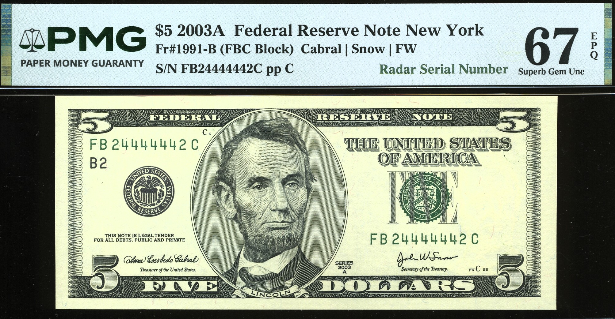 SET 2003A $5 FRN 24444444/24444442