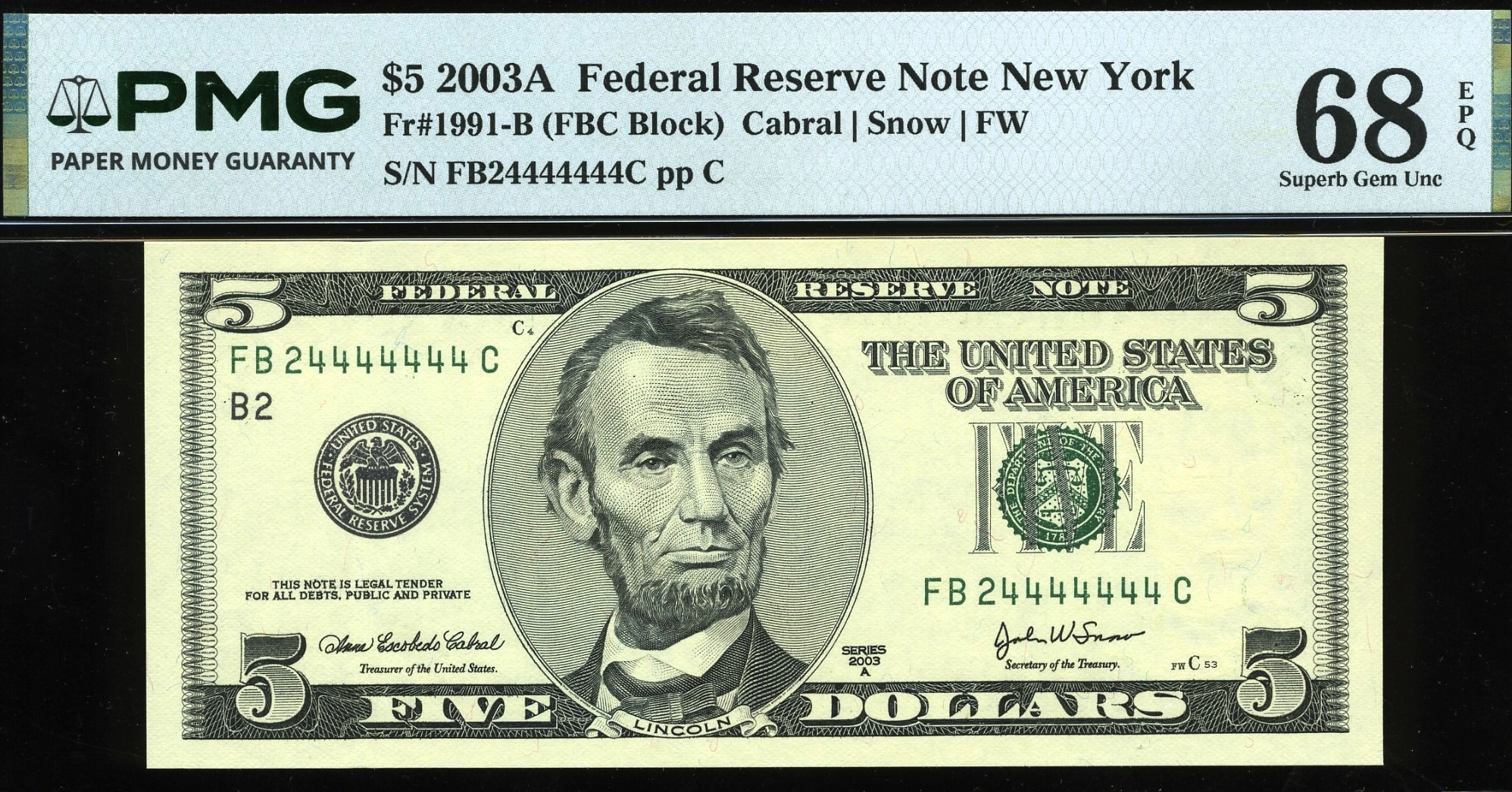 SET 2003A $5 FRN 24444444/24444442