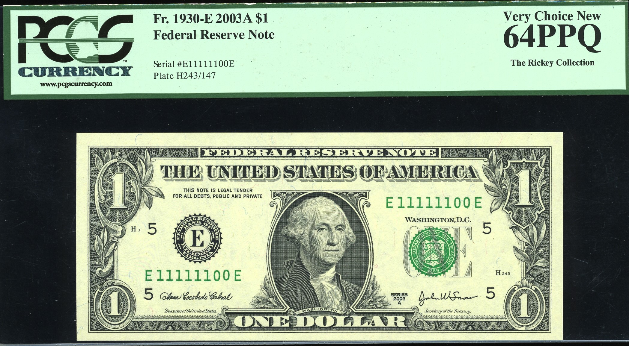2003A $1 FRN E11111100E #64Q