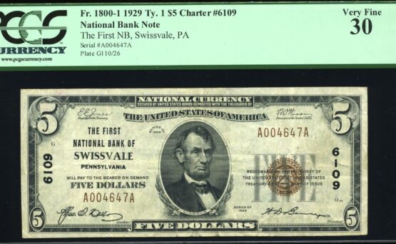 1929 $5 FIRST NB SWISSVALE PA