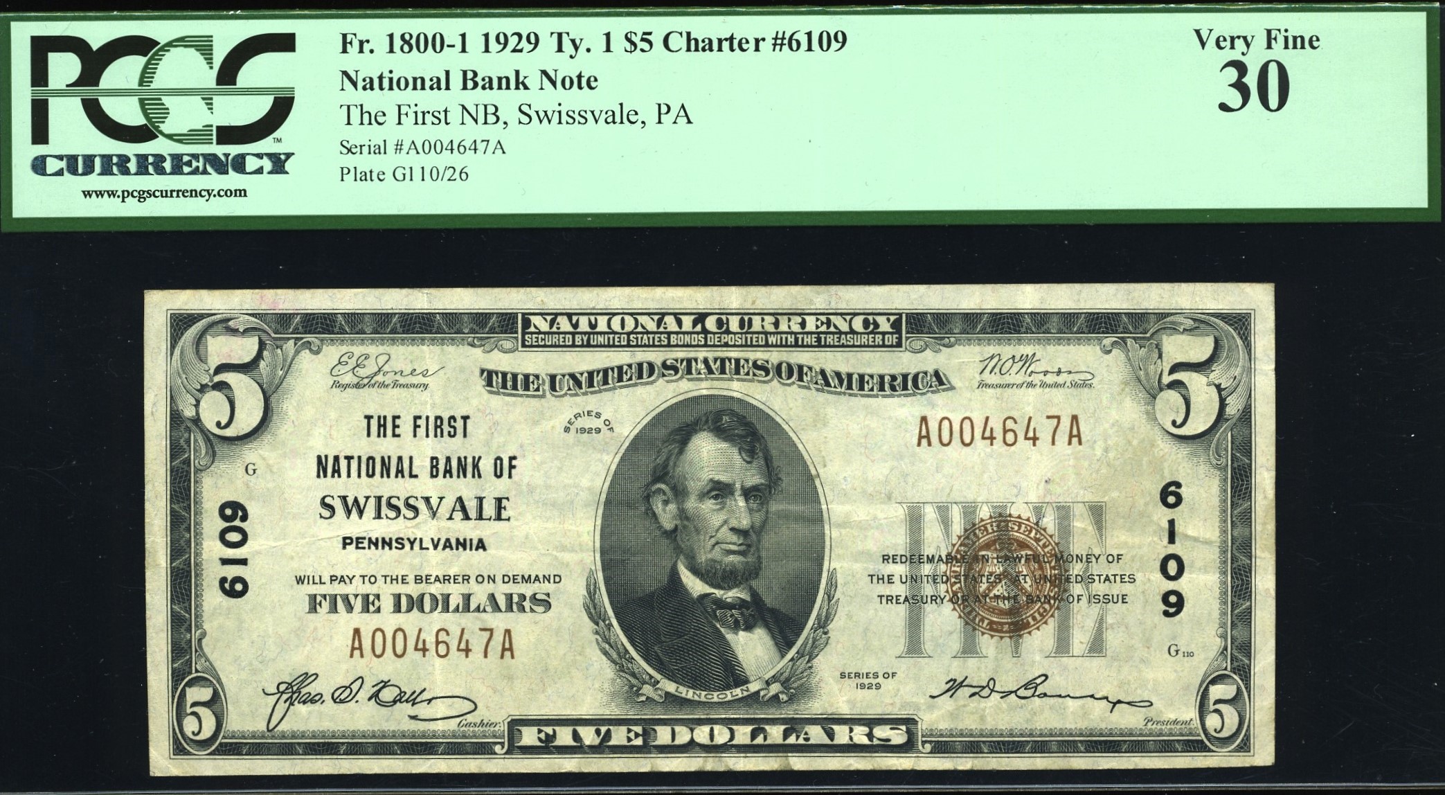 1929 $5 FIRST NB SWISSVALE PA