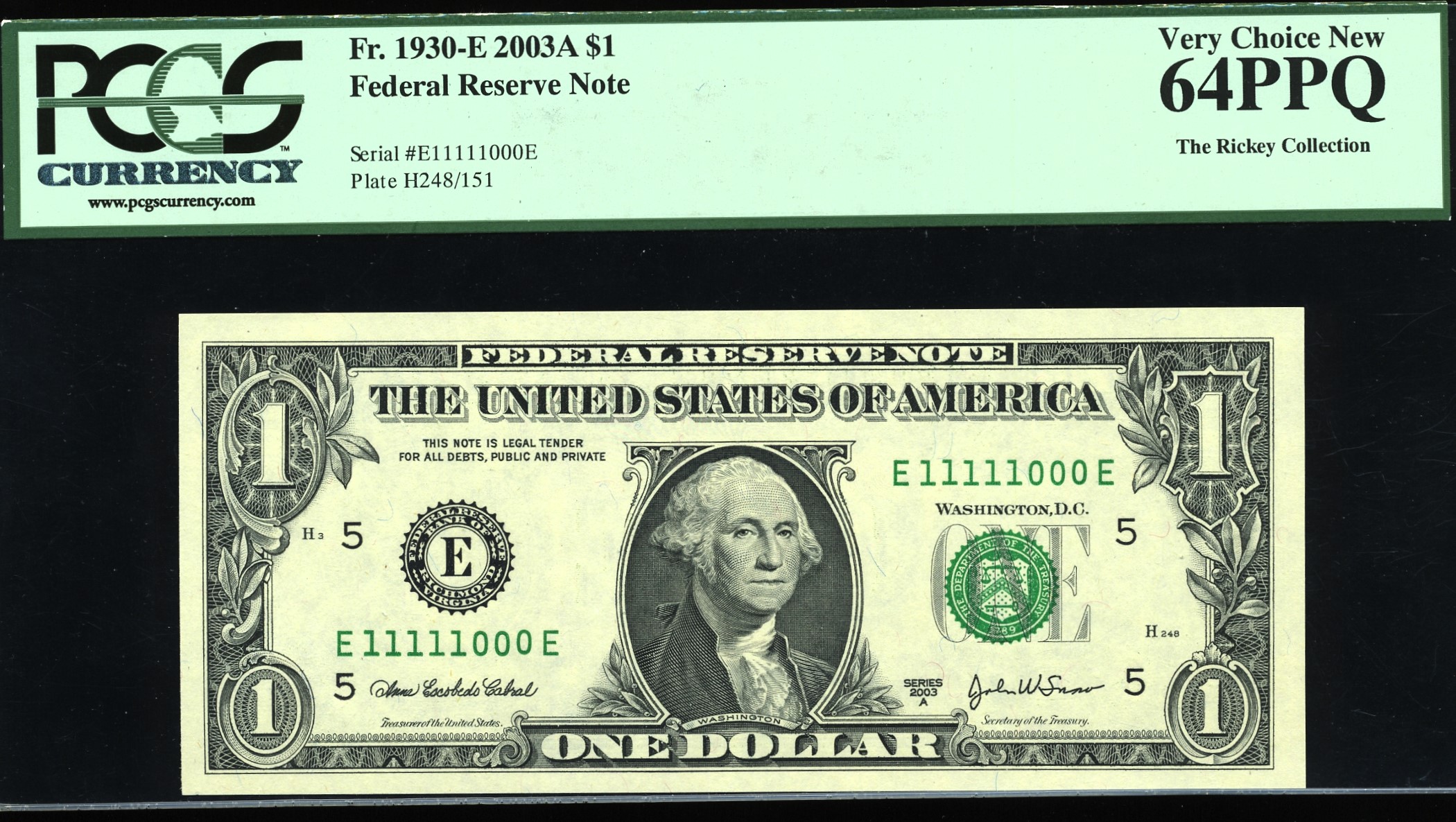 2003A $1 FRN E11111000E #64Q