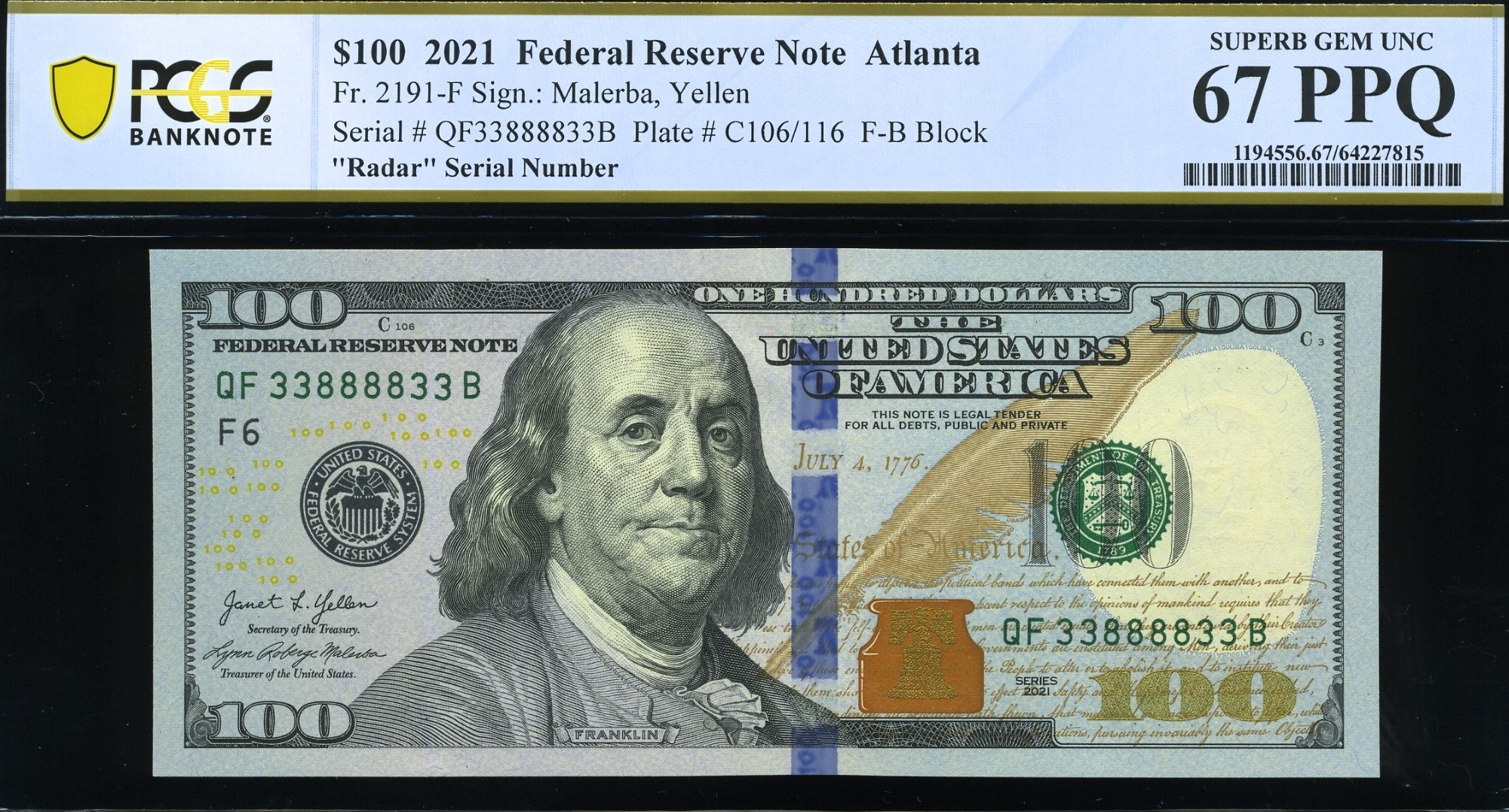 2021 $100 FRN QF33888833B 67Q