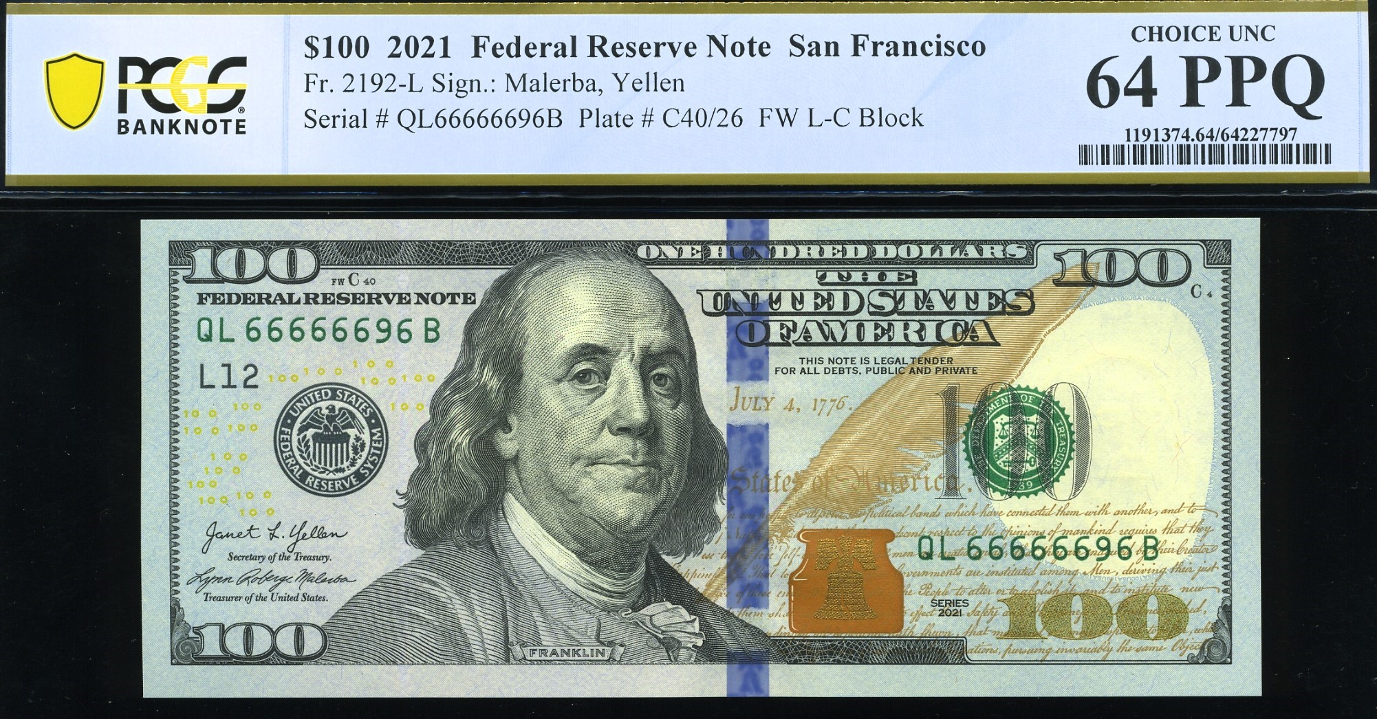 2021 $100 FRN QL66666696B 64Q
