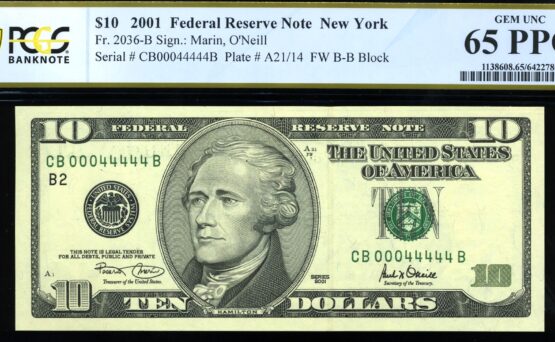 2001 $10 CB00044444B PCGS 65 PPQ