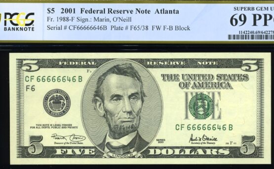 2001 $5 FRN CF66666646B 69Q