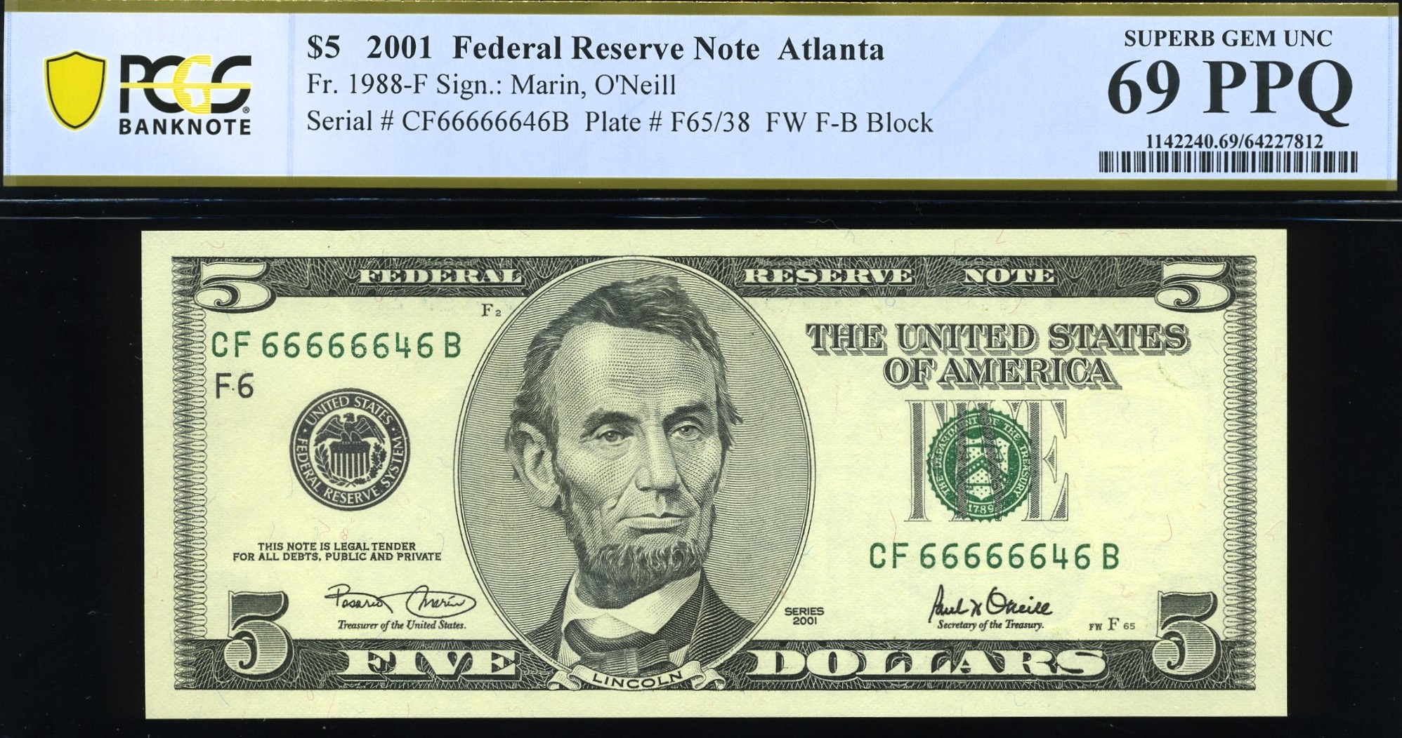 2001 $5 FRN CF66666646B 69Q