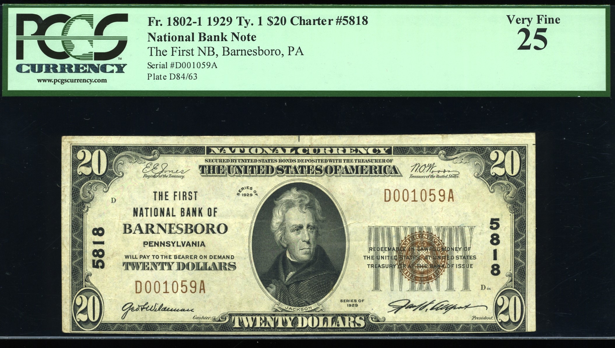 1929 $20 1ST NB BARNESBORO PA