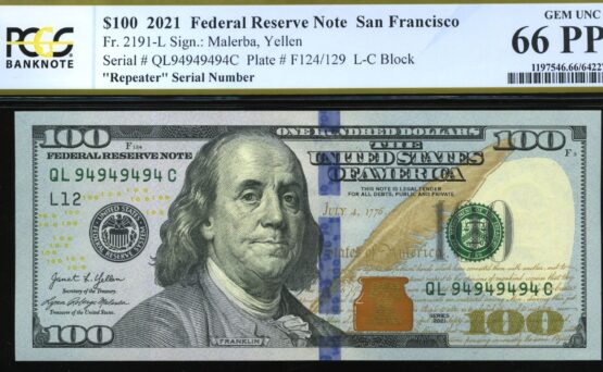 2021 $100 FRN QL94949494C #66Q