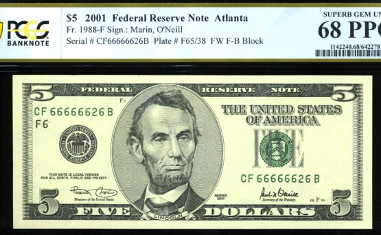 2001 $5 FRN CF66666626B 68Q