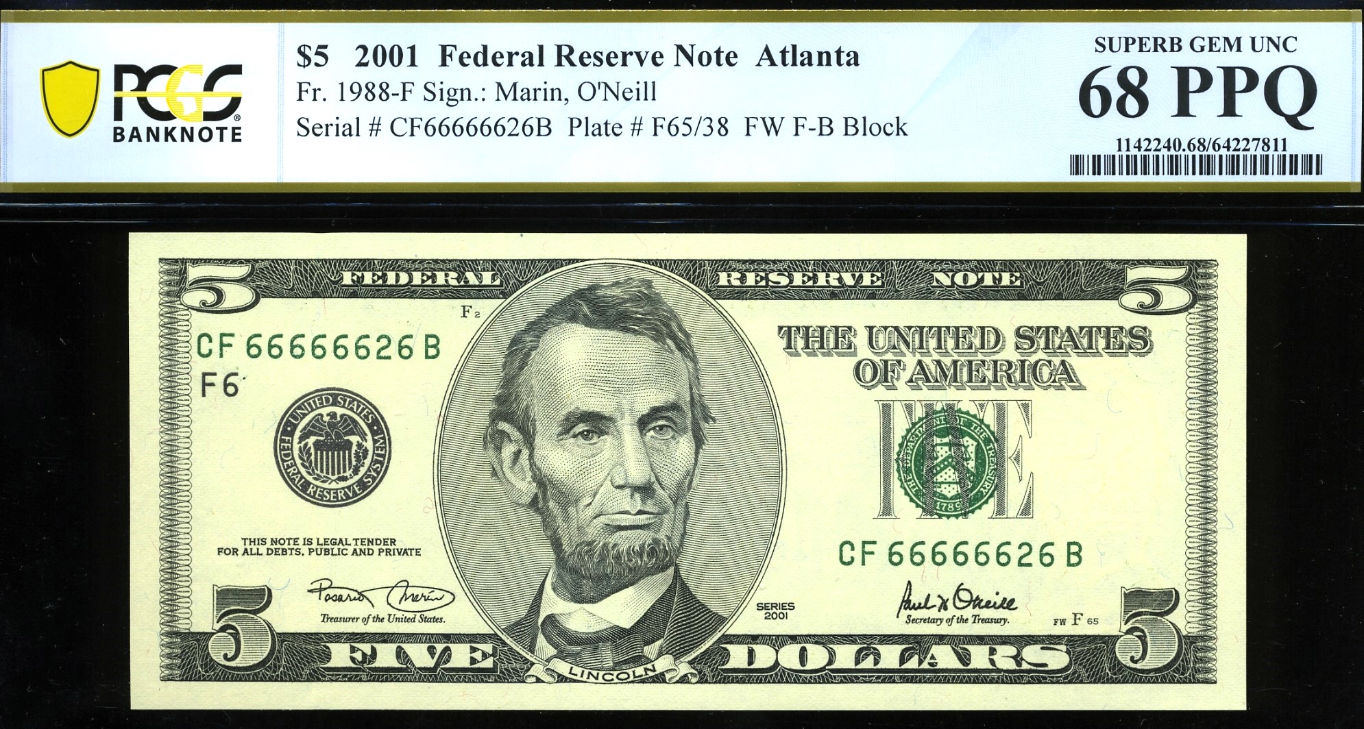 2001 $5 FRN CF66666626B 68Q