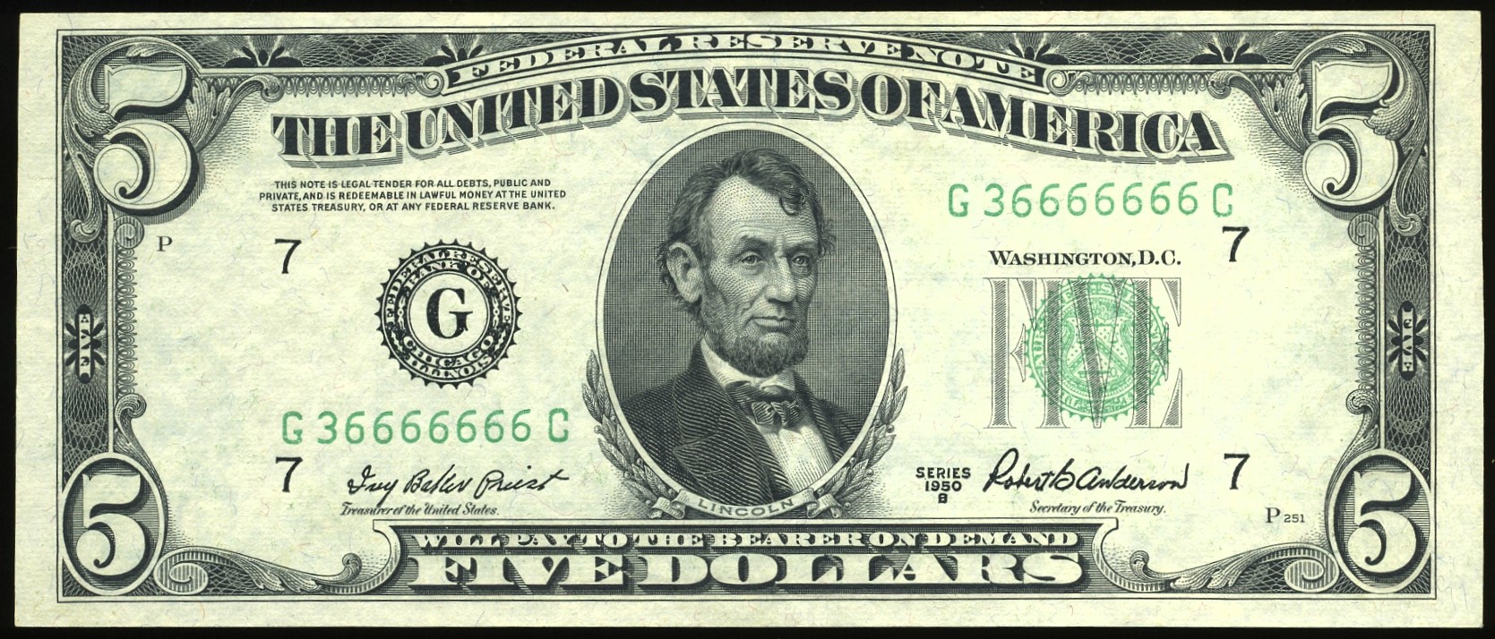 1950B $5 FRN G36666666C