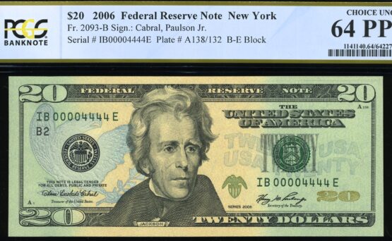 pcgs 64ppq 2006 $20 fancy serial note quad repeater