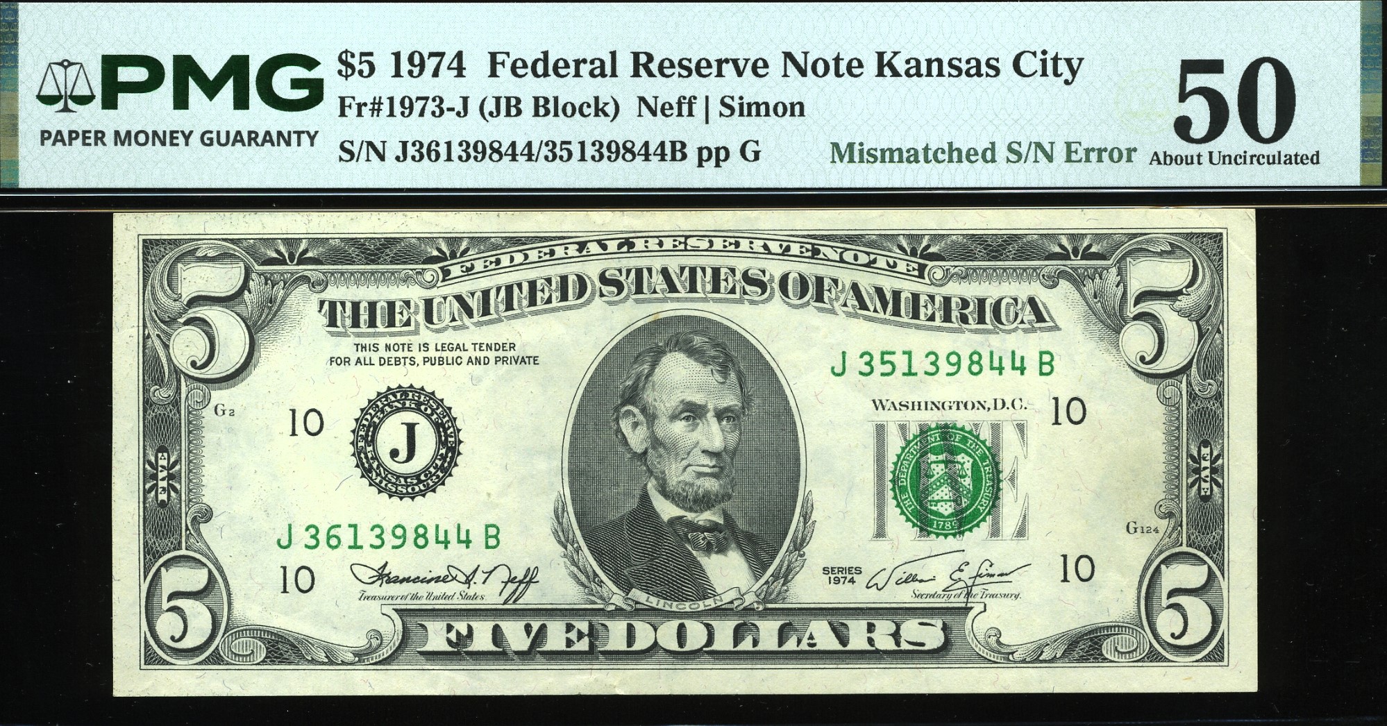 1974 $5 FRN MISMATCH #SN