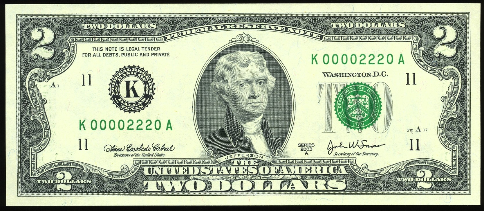 2003A $2 FRN K00002220A