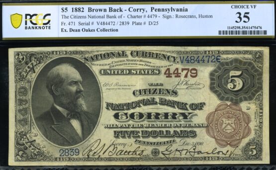 1882 $5 BB CITIZENS NB OF CORRY PA