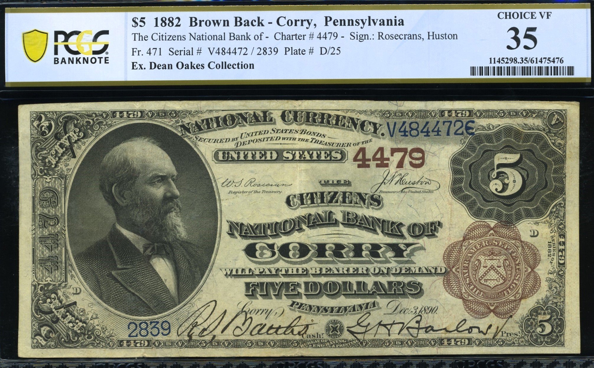 1882 $5 BB CITIZENS NB OF CORRY PA