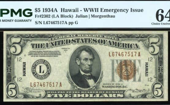 1934A $5 FRN HAWAII P.M.G #64EPQ