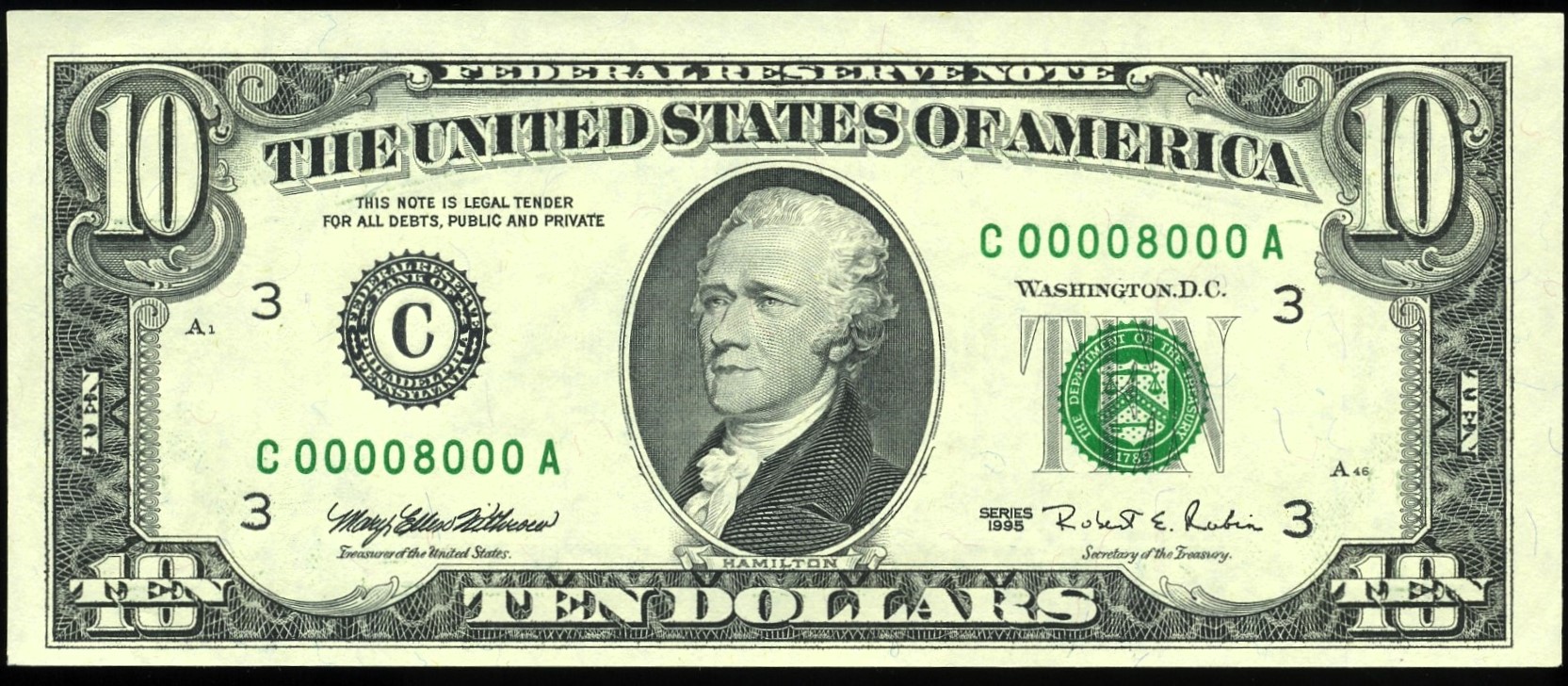 1995 $10 FRN C00008000A