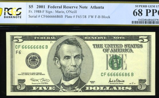 2001 $5 FRN CF66666686B 68Q