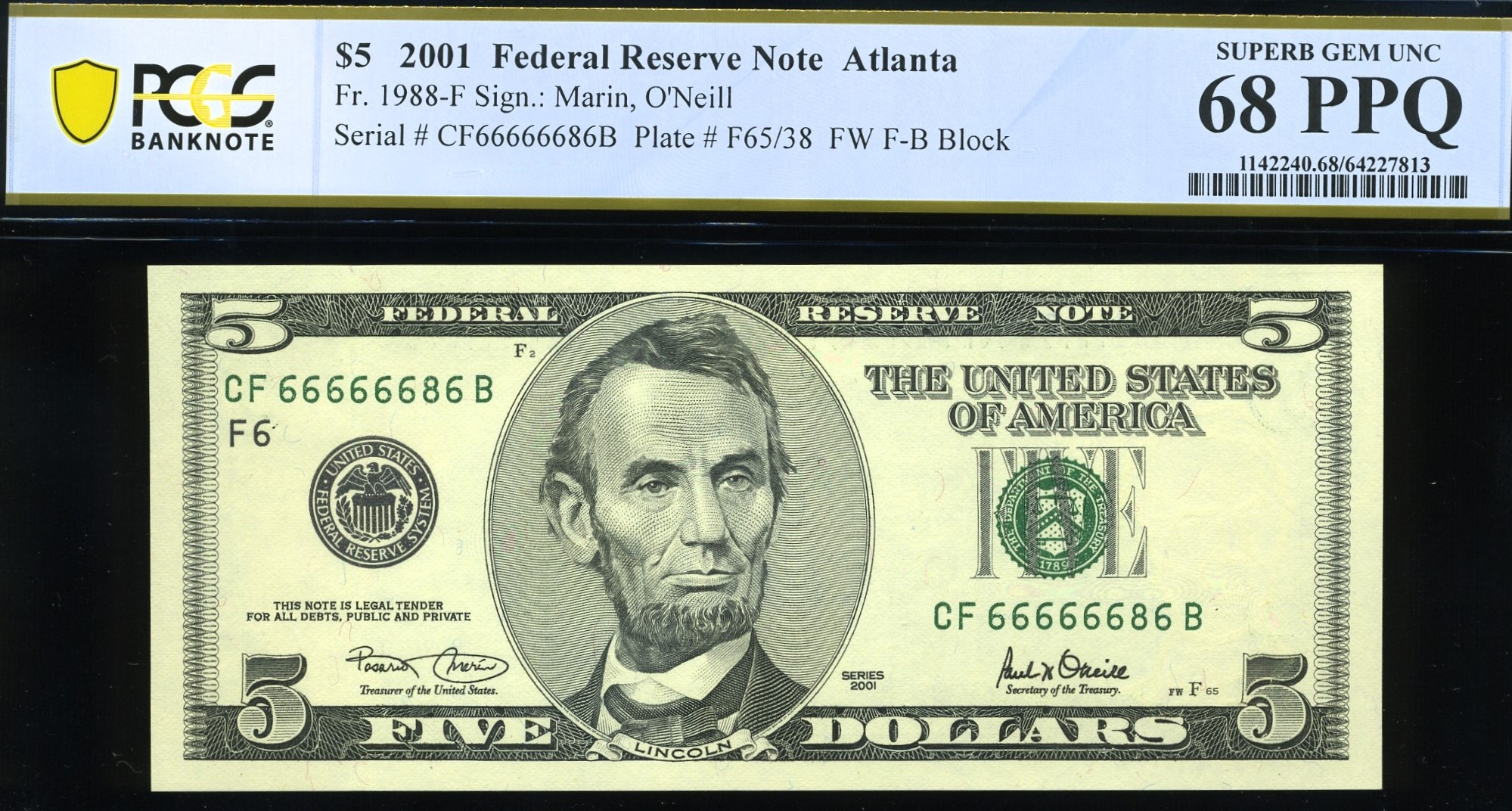 2001 $5 FRN CF66666686B 68Q