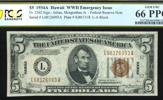 1934A $5 FRN HAWAII P.C.G.S 66PPQ