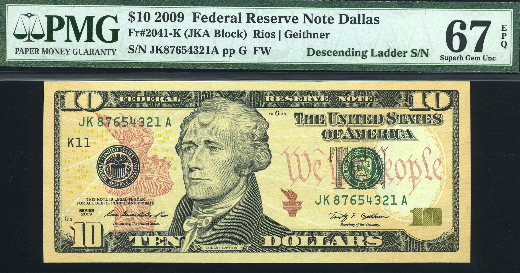 2009 $10 FRN JK87654321A #67Q