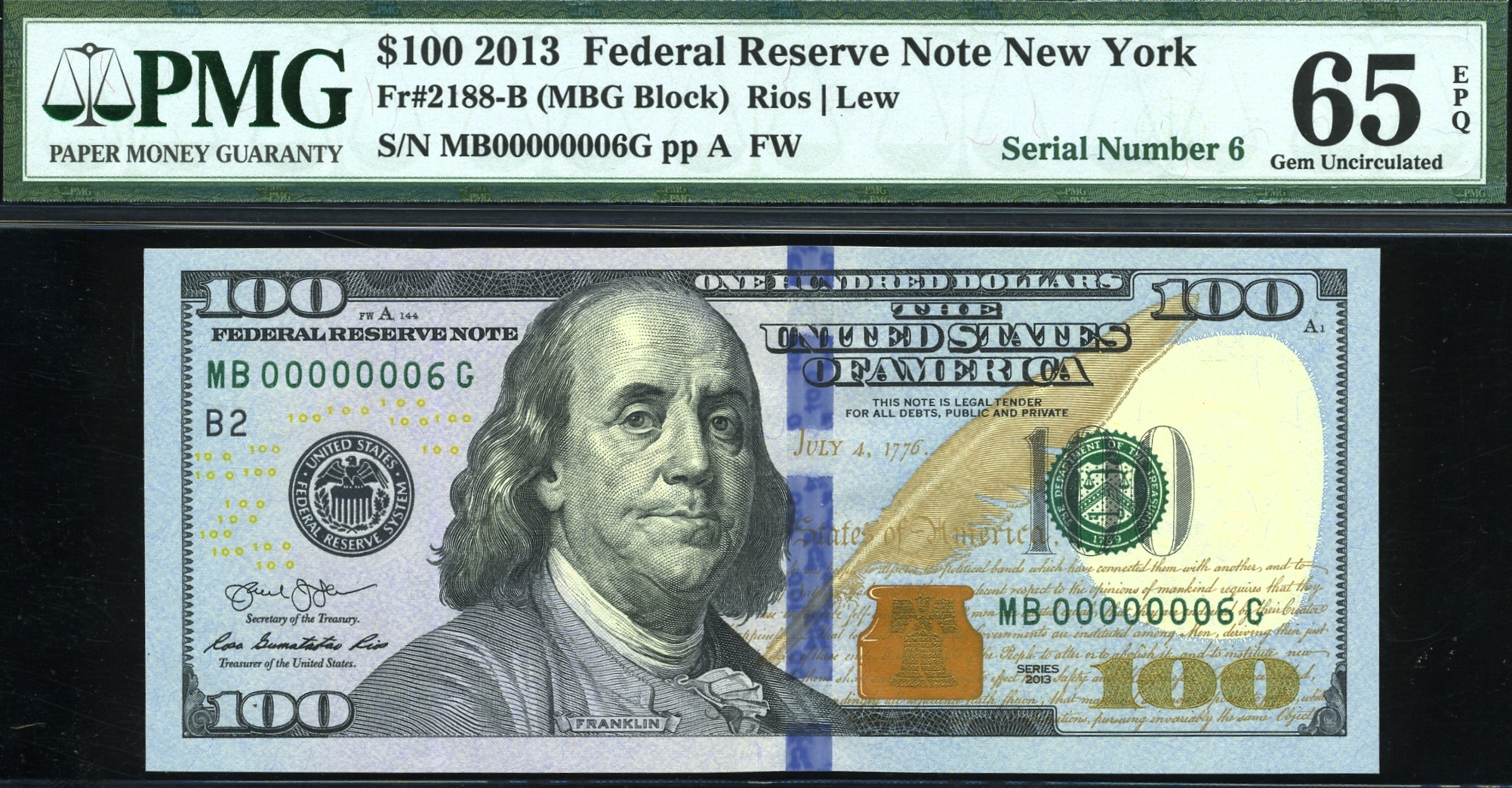 2013 $100 FRN MB00000006G #65Q