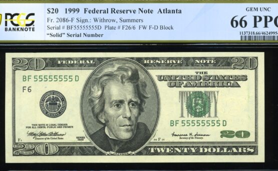 1999 $20 FRN BF55555555D 66PPQ