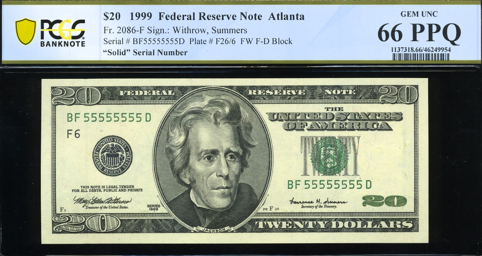 1999 $20 FRN BF55555555D 66PPQ
