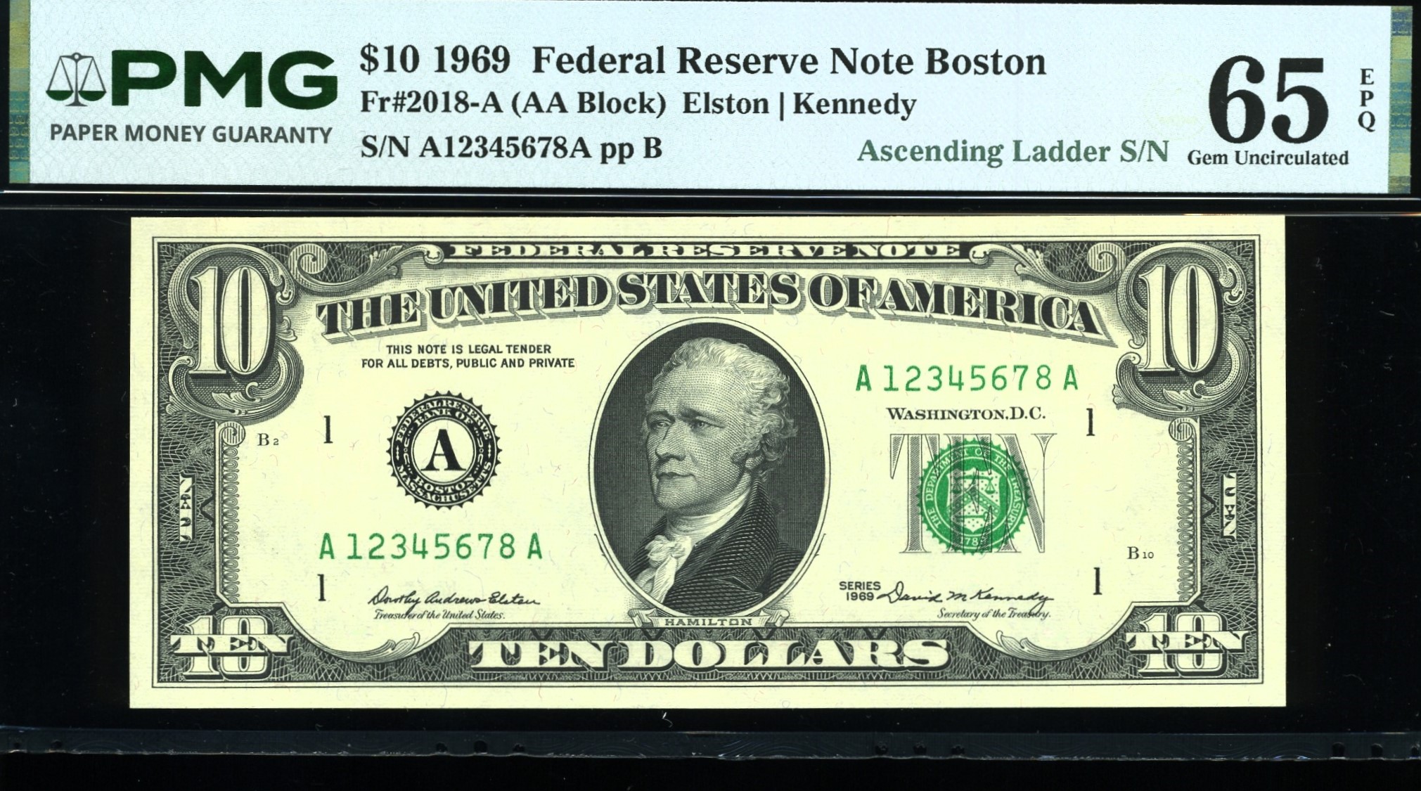 1969 $10 FRN A12345678A 65Q