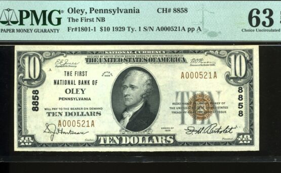 1929 $10 F NB OF OLEY PA #63Q