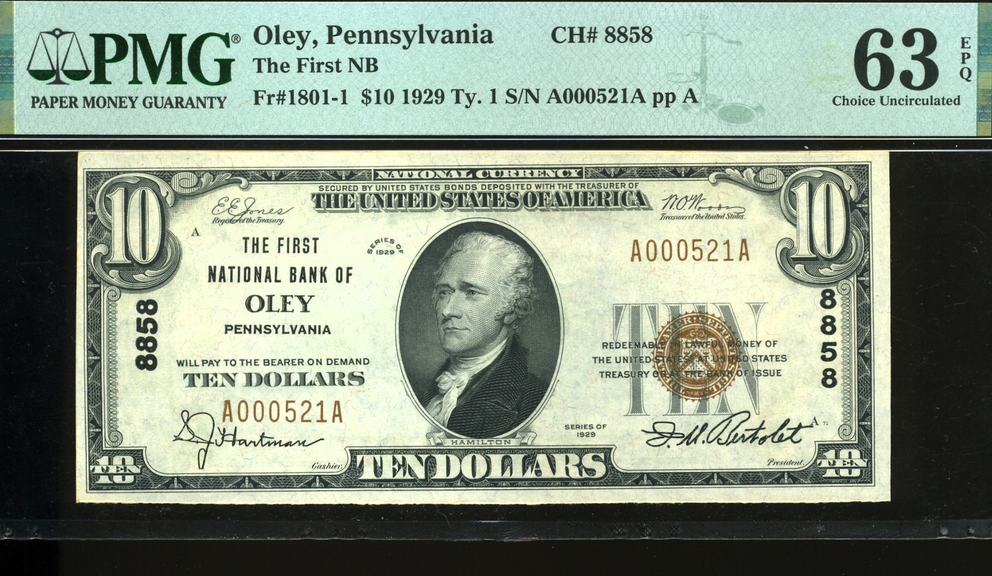1929 $10 F NB OF OLEY PA #63Q
