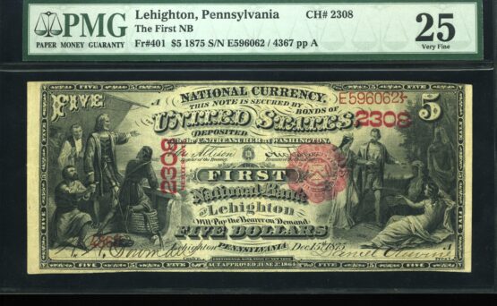 1875 $5 1ST NB OF LEHIGHTON PA
