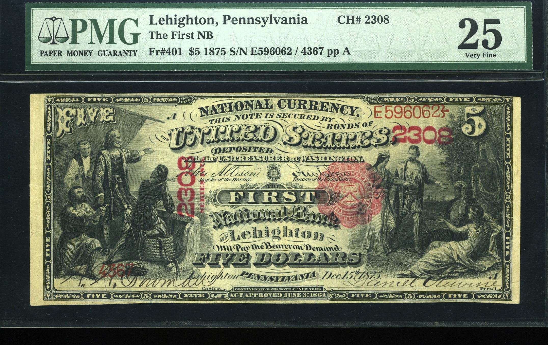 1875 $5 1ST NB OF LEHIGHTON PA