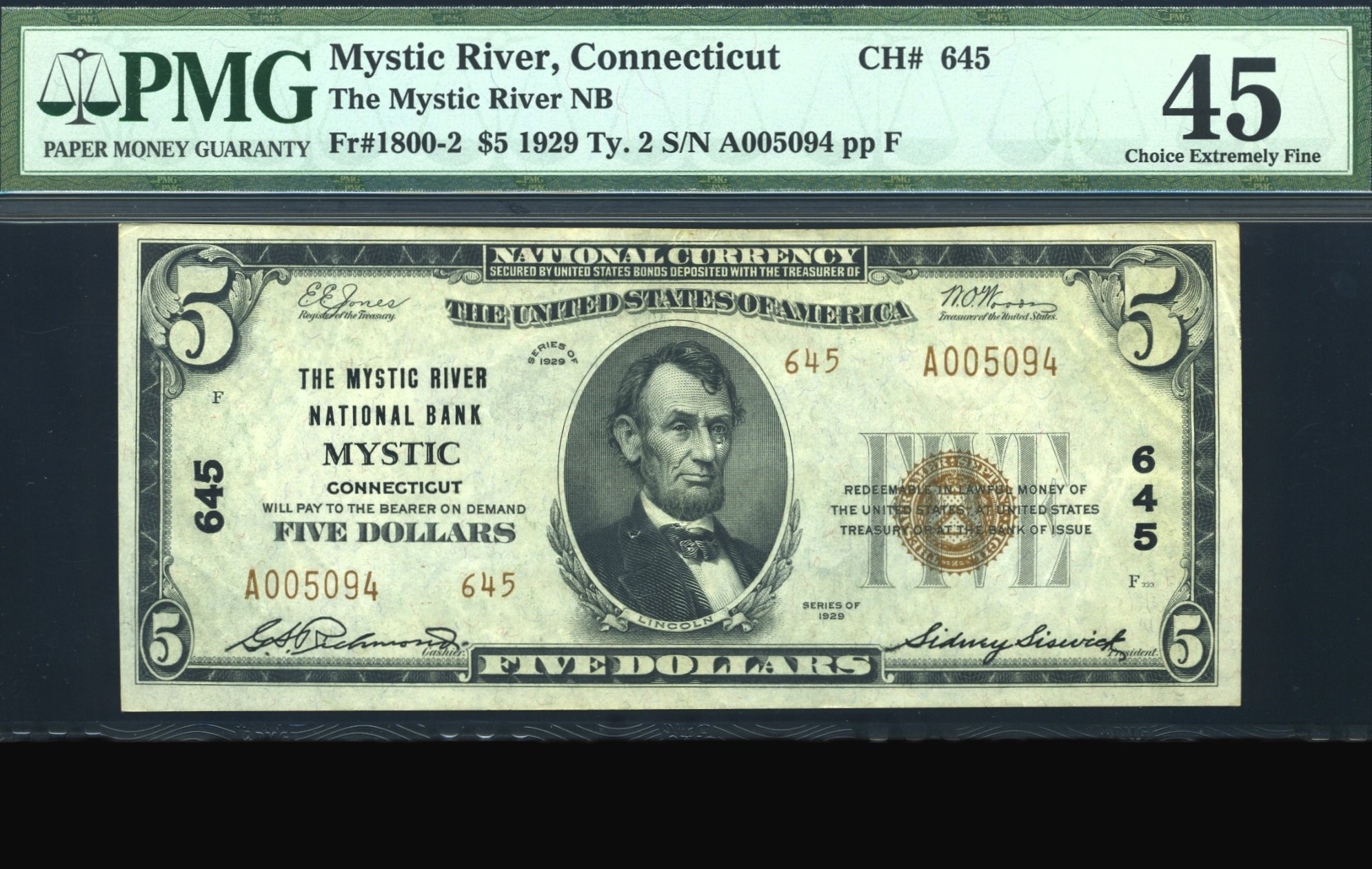 1929 $5 THE MYSTIC RIVER CT #45