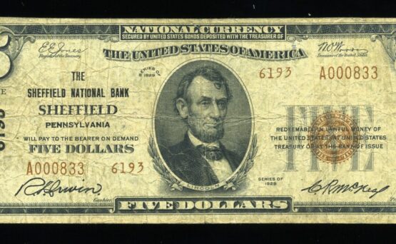 1929 $5 NAT B SHEFFIELD  PA
