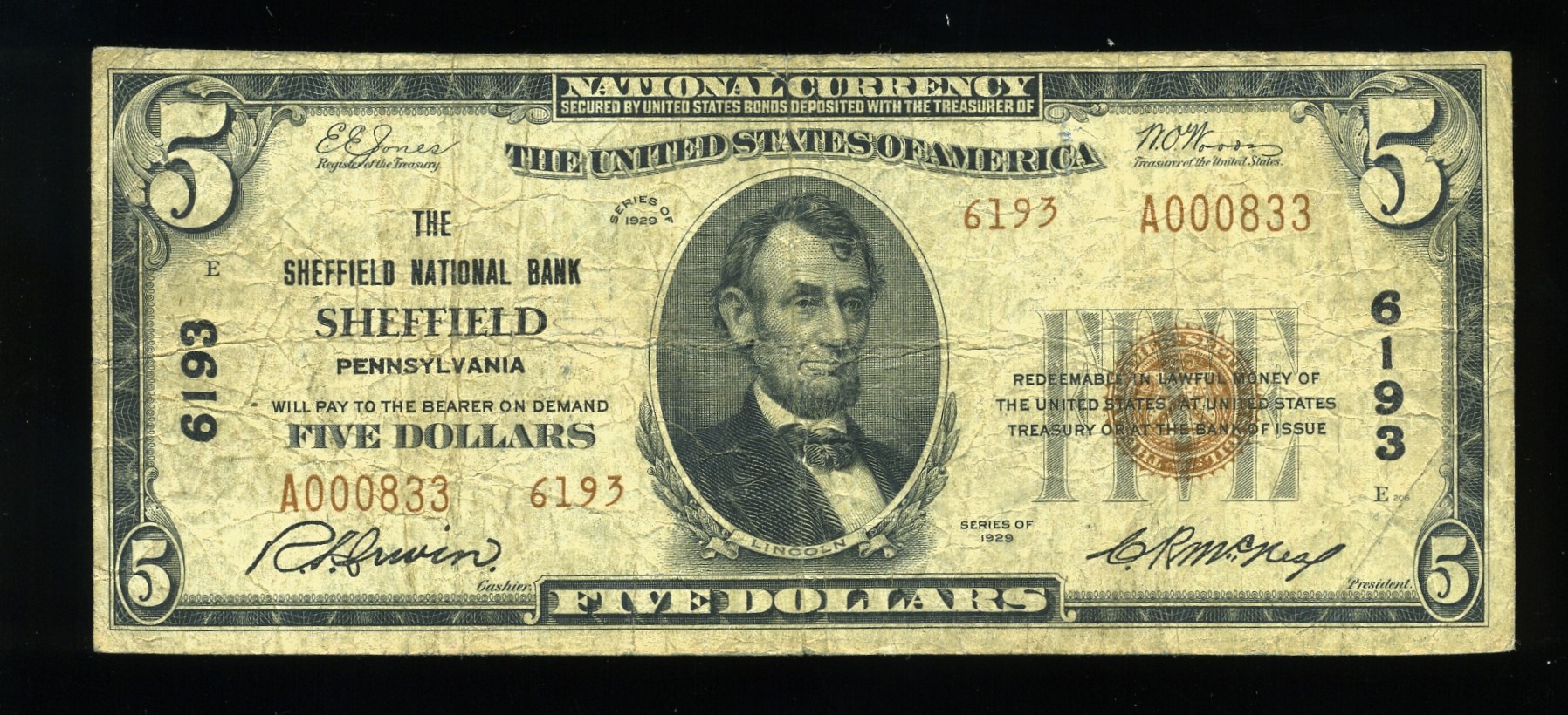 1929 $5 NAT B SHEFFIELD PA