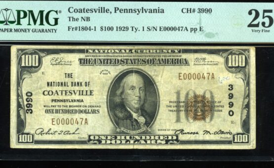 1929 $100 NB OF COATESVILLE PA