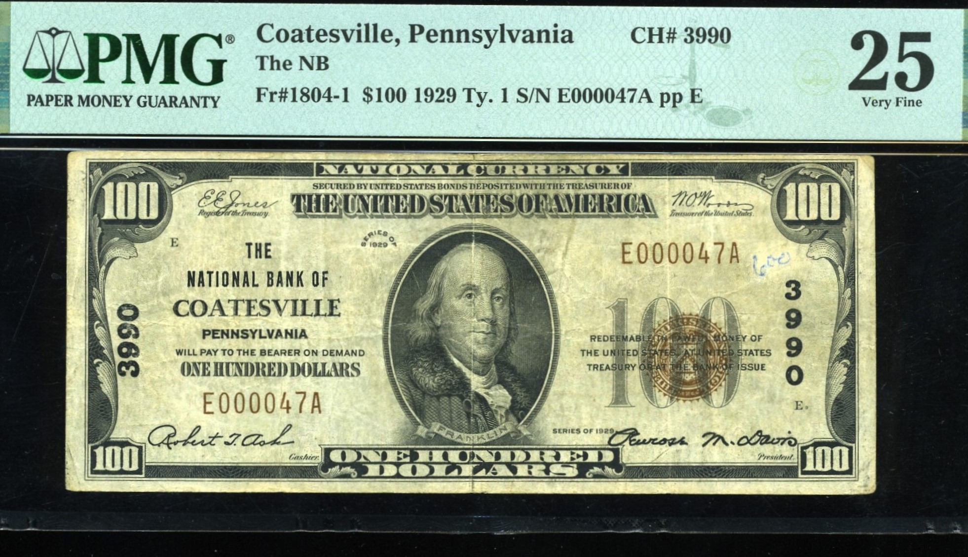 1929 $100 NB OF COATESVILLE PA