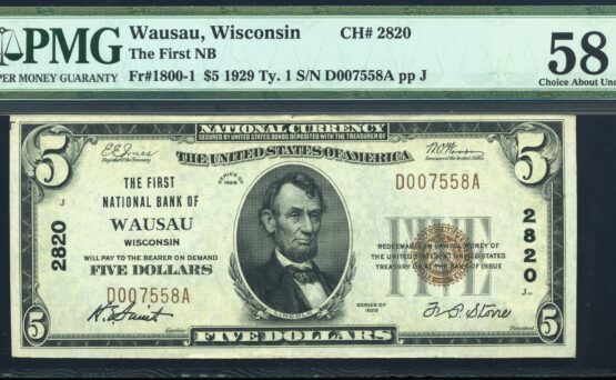 1929 $5 1ST NB OF WAUSAU WI