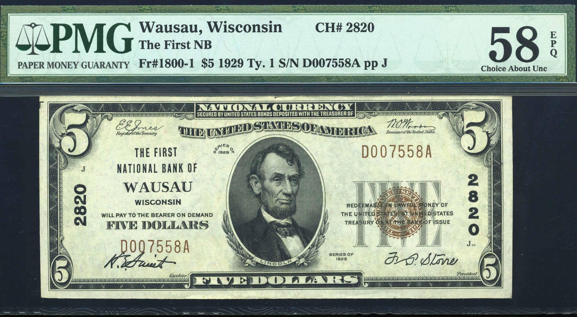 1929 $5 1ST NB OF WAUSAU WI