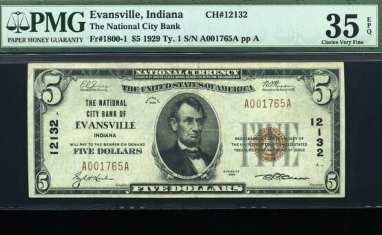 1929 $5 CITY BNK EVANSVILLE IN