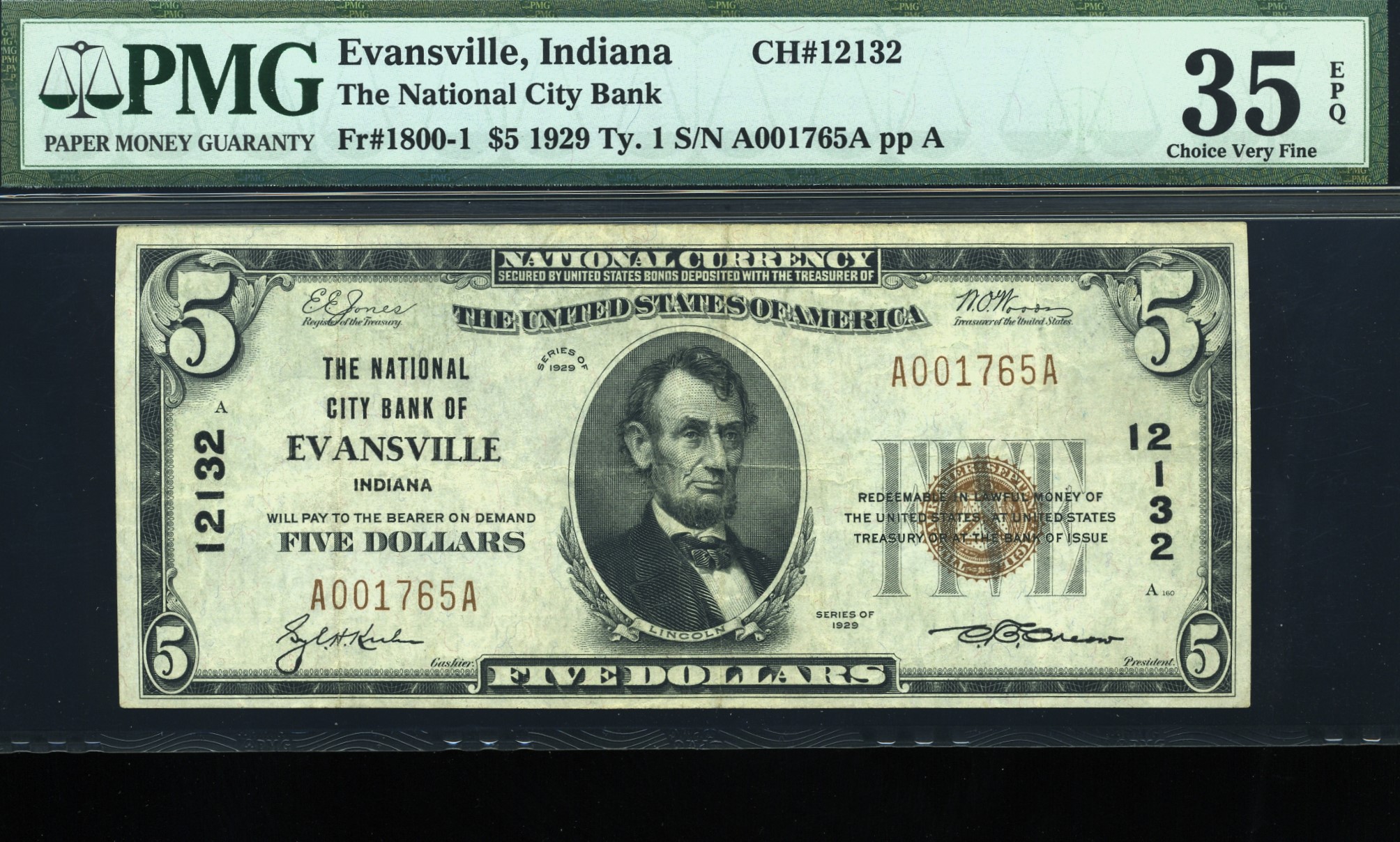 1929 $5 CITY BNK EVANSVILLE IN