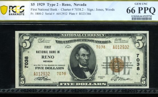 1929 $5 1ST NB OF RENO NV 66Q