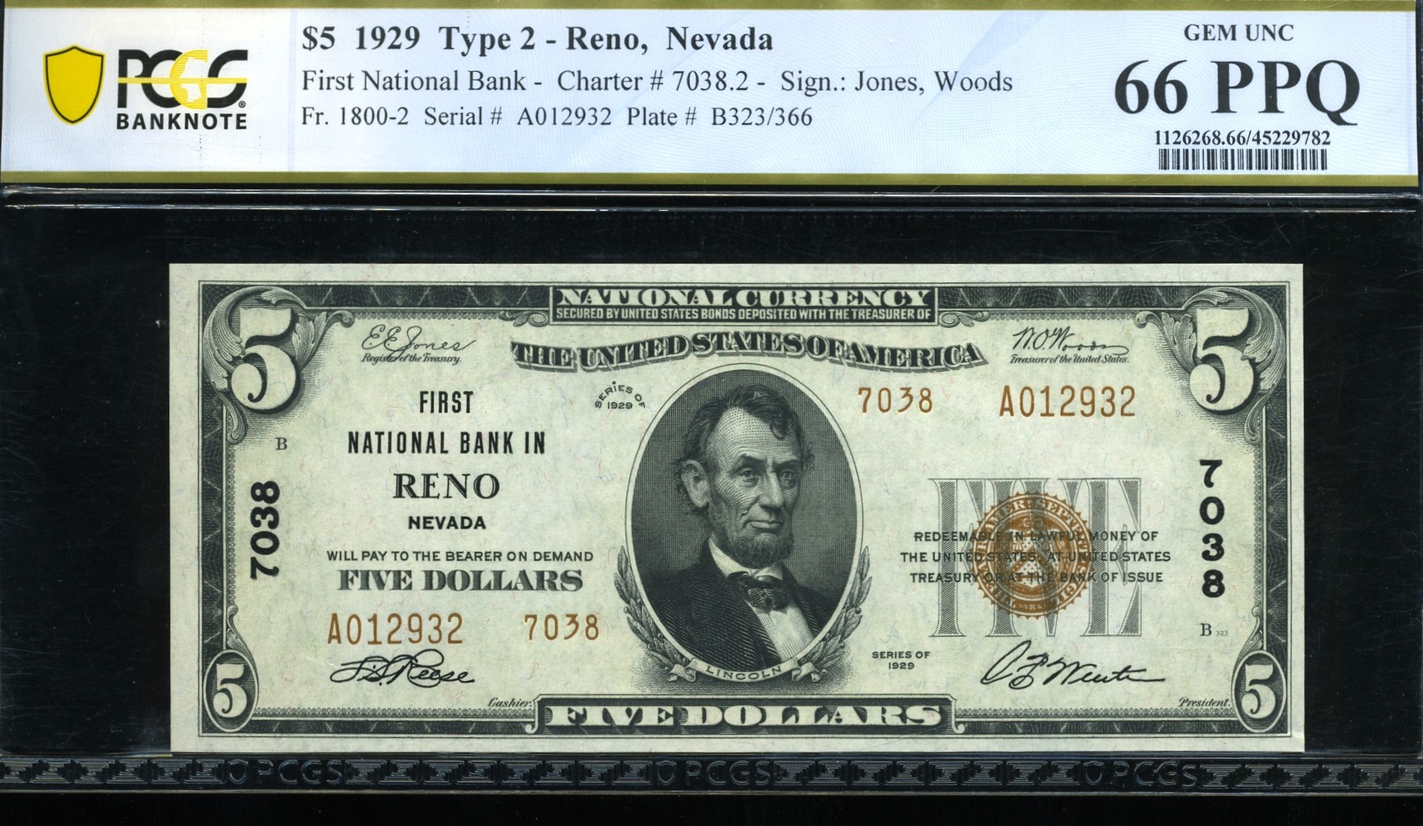1929 $5 1ST NB OF RENO NV 66Q